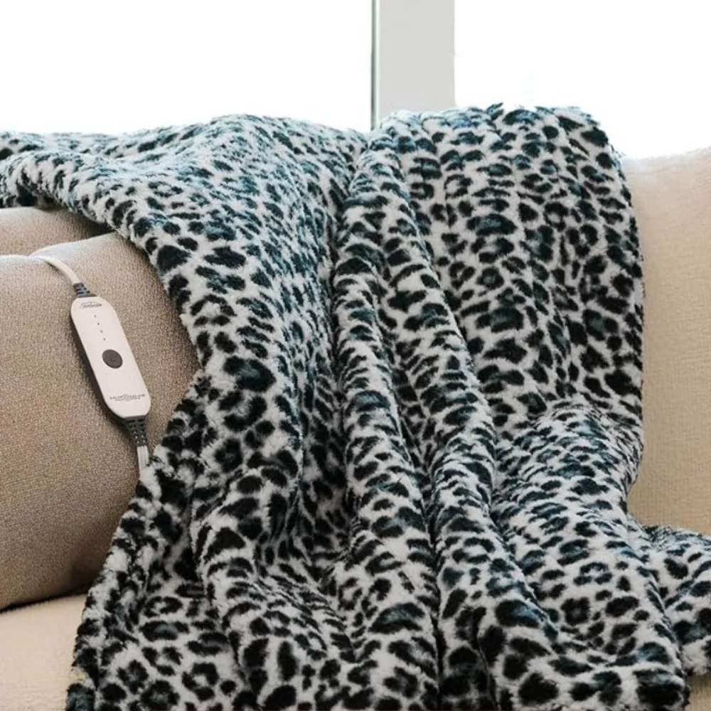 Leopard Printed Royal Sherpa Heated Throw With Foot Pocket In Blue, Is 50x60 In